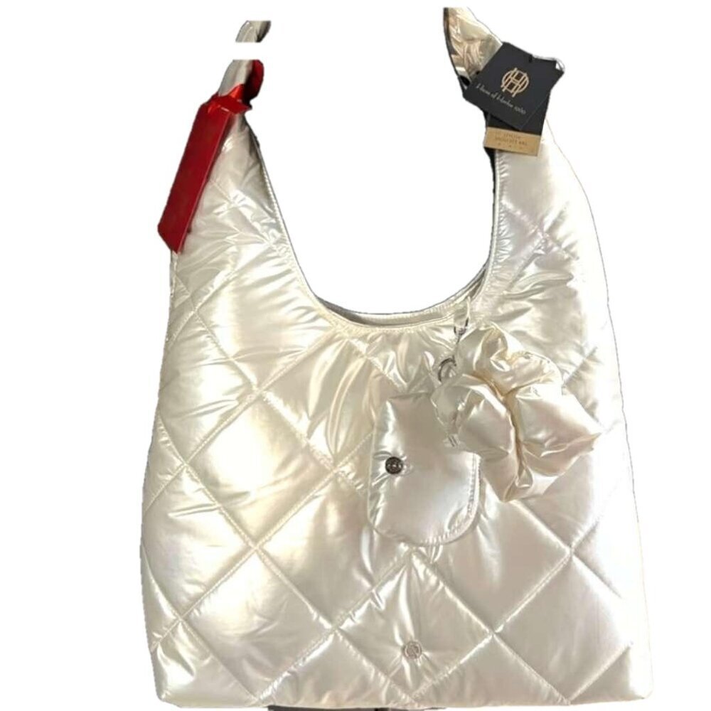 House of Harlow 1960 White Pearl Quilted Puffer Hobo Bag
